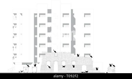 Concept de changement. Ruines abandonnées d'un vieux bâtiment contre de nouveaux appartements. Les chats qui vivent dans la maison de passe oublié Illustration de Vecteur