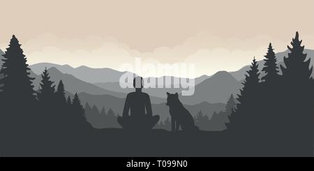 L'homme et son chien sont à la recherche dans la distance sur un paysage de montagnes et de forêts vector illustration EPS10 Illustration de Vecteur