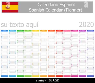 2020 Planificateur Espagnol Calendrier avec mois vertical sur fond blanc Illustration de Vecteur