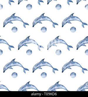 Les dauphins seamless background. Aquarelle peinte à la main avec motif dauphin bleu stylisé. Banque D'Images