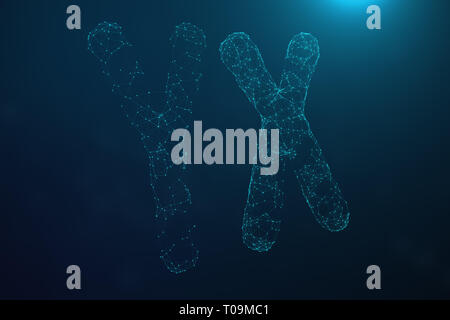 Illustration 3D Basse polygonale numérique poly-XY artificiel composé de chromosomes comprenant les points et les lignes sur fond bleu. Concept de la génétique, de l'Art Banque D'Images