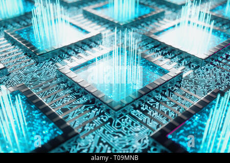 AI - intelligence artificielle concept. L'apprentissage automatique. Les processeurs de l'ordinateur central de la carte de circuits imprimés avec les voies. Données codées. Ordinateur Banque D'Images