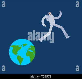 Astronaut courir loin de la Terre. Spaceman s'échappe de la planète terre s'cosmonaute. Illustration de Vecteur