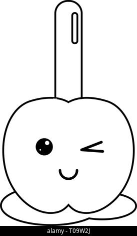 Baguette de pomme caramel bonbon kawaii dessin animé en noir et blanc Illustration de Vecteur