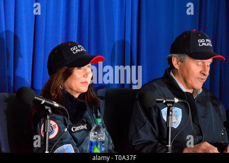 Port Canaveral, Floride, USA. 18 Mar 2019. Lors d'une cérémonie sur le thème de l'espace aujourd'hui, le Port Canaveral et autorité partenaire de longue date de croisière Carnival Cruise Line a officiellement lancé pour la construction de Port Canaveral's new Cruise Terminal 3 complexe. Le nouveau terminal, surnommé l'aire de lancement, sera la maison de Mardi Gras, le Cruise line, et la plus novatrice de bateau, à compter de 2020. Credit : Julian Poireau/Alamy Live News Banque D'Images