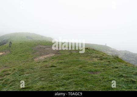 Petite figure de lointain personne méconnaissable sur colline dans la brume avant le lever du soleil au point Katiki Moeraki en Nouvelle-Zélande. Banque D'Images