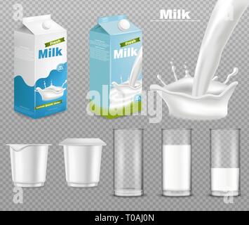 Lait et yaourt vecteur paquets réaliste. Le placement de produits laitiers des maquettes. Dessin d'étiquette. Lait Splash isolé sur transparent Illustration de Vecteur