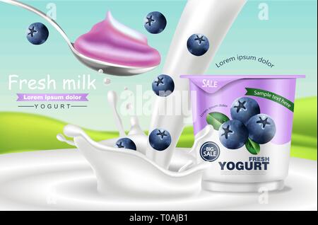 Vecteur de yogourt aux bleuets réalistes. Le placement de produit des maquettes. Yaourt frais splash avec fruits. Dessin d'étiquette. 3d illustration détaillée Illustration de Vecteur