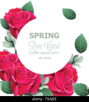 Roses rouges carte ronde Vector réaliste. Beau décor floral avec des feuilles de palmier. Carte postale tropic exotiques Illustration de Vecteur