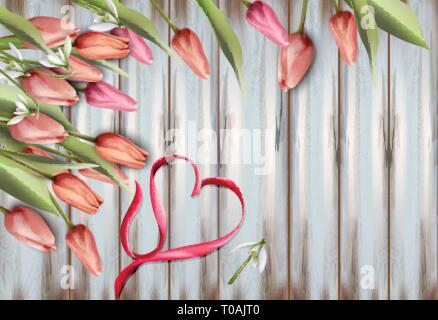 Tulipes fleurs sur la texture en bois aquarelle de vecteur. Coeur arc. Spring Summer background Illustration de Vecteur