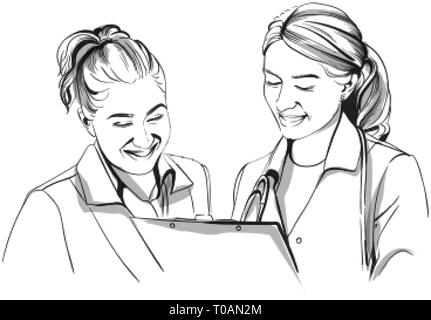 Heureux deux médecins femmes smiling croquis vecteur storyboard. Illustration du caractère détaillé Illustration de Vecteur