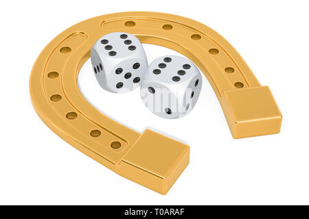 Bonne chance, concept et Horseshoe Casino dice. Le rendu 3D isolé sur fond blanc Banque D'Images