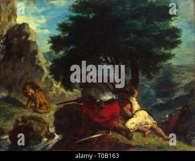 'Chasse aux lions au Maroc". France, 1854. Dimensions : 74x92 cm. Musée : Etat de l'Ermitage, Saint-Pétersbourg. Auteur : Eugène DELACROIX . Eugène Delacroix. Banque D'Images