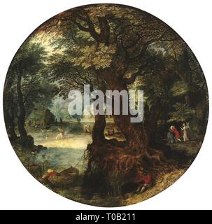 'Paysage (séparation de Tobias et sa mère)'. La Flandre, entre les années 1620 s-1678. Dimensions : 18,3x18,3 cm (cercle). Musée : Etat de l'Ermitage, Saint-Pétersbourg. Auteur : Jan Brueghel II. Banque D'Images