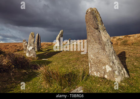 Comité permanent des pierres sur l'ancien cercle de pierres, Scorhill sur Gidleigh commun, Dartmoor National Park, Devon, Grande Bretagne. Banque D'Images
