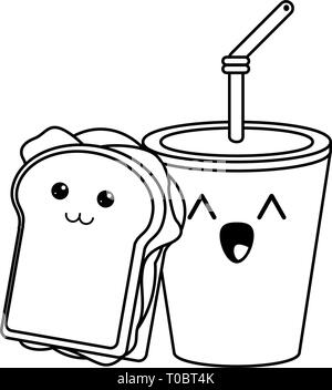 Dessin animé kawaii de restauration rapide en noir et blanc Illustration de Vecteur