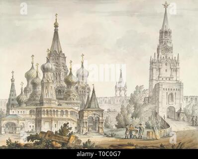 'Pokrovsky (Intercession de la Vierge) de la cathédrale et de la tour Spasskaya (sauveur) à Moscou". La série "Vues de Moscou et de ses environs'. Italy-Russia, 1797. Dimensions : 43,5x57 cm. Musée : Etat de l'Ermitage, Saint-Pétersbourg. Auteur : GIACOMO QUARENGHI. Banque D'Images