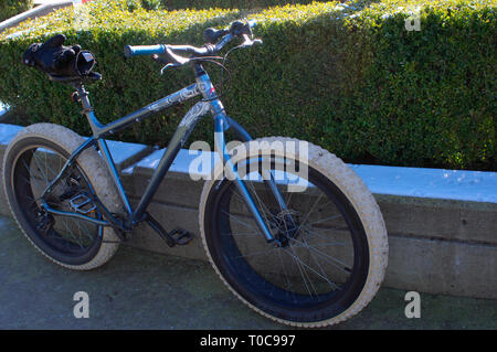 Vélo bleu avec de gros pneus nubby, appuyé contre une fondation en ciment avec des arbustes en arrière-plan. Banque D'Images