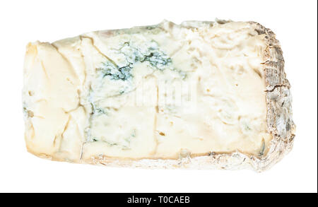 Vue de dessus du morceau de Gorgonzola italien local soft Blue cheese isolé sur fond blanc Banque D'Images