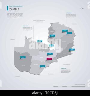 La Zambie carte vectorielle avec éléments infographique, pointeur marques. Modèle modifiable avec les régions, les villes et le capital de Lusaka. Illustration de Vecteur