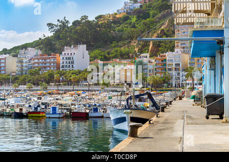 Les bateaux de pêche et yachts amarrés au quai à port de Blanes. Bateaux avec des captures de poisson de mer délices. Vente aux enchères du poisson pour grossistes et des restaurants. Bl Banque D'Images