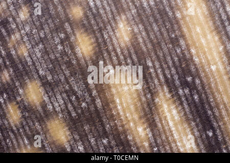 Vue aérienne de l'engrais chimique blanc, du fumier de l'agriculture farm, labouré le sol. Modèle naturel à partir d'un drone Banque D'Images