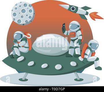 L'atterrissage des astronautes sur un navire de l'espace alien cartoon expédition Droit de planche de bord plat Illustration de Vecteur