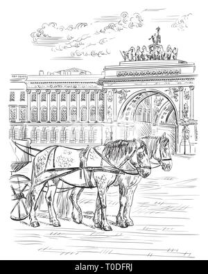 Vue sur deux chevaux et chariots, l'Arc de Triomphe sur la place du palais de Saint-Pétersbourg, Russie. Monument de Saint Petersburg. Vector hand isolés Illustration de Vecteur