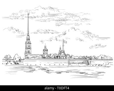Rues de la région de la forteresse Pierre et Paul à Saint-Pétersbourg, Russie et quai de rivière. Illustration vectorielles dessin à la main en couleur noir Illustration de Vecteur