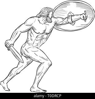 Croquis dessin illustration style de Hercules, un héros romain et Dieu l'équivalent d'Héraclès, héros divin grec avec blindage shield et portant un swo Illustration de Vecteur