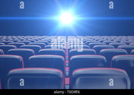 Cinéma Concept, brillant de couleur bleu en cinéma. Des rangées de chaises avec des sièges vides. 3d illustration Banque D'Images