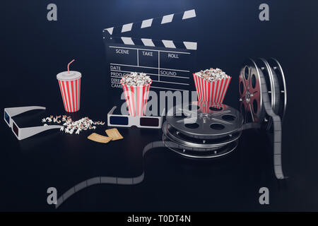 Film de cinéma avec pop-corn concpet, lunettes 3D, film fixe, clap film reel et deux billets. Film film fond noir, 3D illustration Banque D'Images