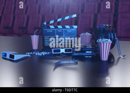 Film de cinéma avec pop-corn concpet, lunettes 3D, film fixe, clap film reel et deux billets. Concept de cinéma avec lumière bleue. Chaises rouges dans le Banque D'Images