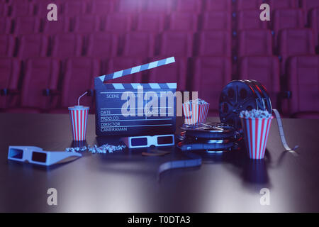 Illustration 3D de pop-corn, boissons, Meissen, pellicule et deux billets. Concept de cinéma avec lumière bleue. Chaises rouges dans la salle de cinéma dans le Banque D'Images