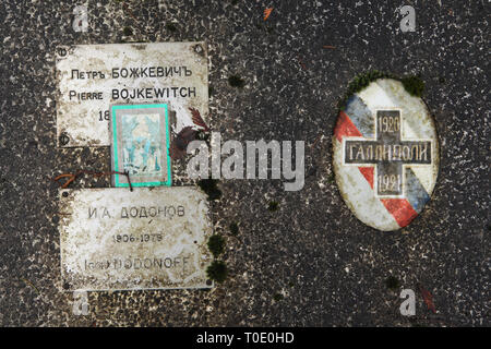 Croix de Gallipoli représenté sur la tombe d'officiers russes Petr Bozhkevich (1895-1973) et Igor Dodonov (1906-1979) au Cimetière Russe de Sainte-Geneviève-des-Bois (Cimetière Russe de Sainte-Geneviève-des-Bois) près de Paris, France. En novembre 1920, après la défaite dans la guerre civile russe, le Livre blanc de l'armée russe Wrangel général a été évacué de la Crimée à la péninsule de Gallipoli en Turquie. Les soldats russes et leurs familles ont passé il y a un an en tant que réfugiés avant qu'ils étaient autorisés à se déplacer vers les pays européens. Le Gallipoli Cross a été une décoration militaire russe créé pour pers Banque D'Images