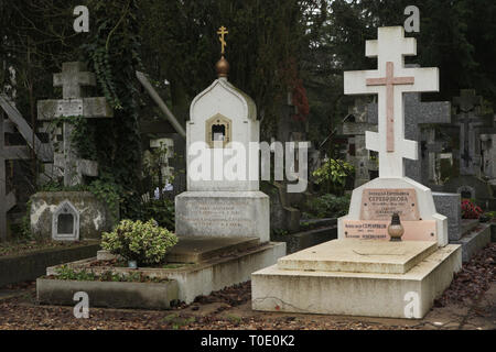 Tombe du peintre russe Zinaida Serebriakova (1884-1967) au Cimetière Russe de Sainte-Geneviève-des-Bois (Cimetière Russe de Sainte-Geneviève-des-Bois) près de Paris, France. Son fils Alexandre Serebriakoff (1907-1995) qui était aussi un peintre est enterré ici aussi. Banque D'Images