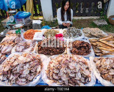 Femme Porte-décrochage looking at mobile phone avec le poisson séché exposés à la vente, matin marché alimentaire de la rue, Luang Prabang, Laos, Asie Banque D'Images