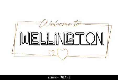 Bienvenue à Wellington lettrage néon texte typographie. Mot pour logo, icône, badge, carte, carte postale, logos, bannières avec cadres dorés et les Cœurs Illustration de Vecteur