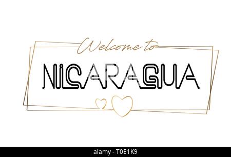 Nicaragua Bienvenue au lettrage néon texte typographie. Mot pour logo, icône, badge, carte, carte postale, logos, bannières avec cadres dorés et les Cœurs Illustration de Vecteur