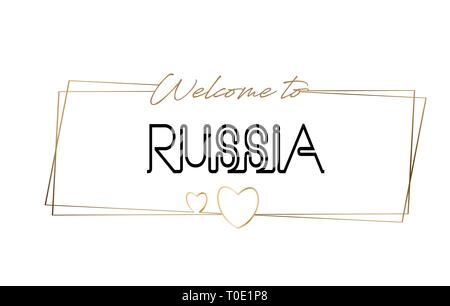 La Russie Bienvenue au lettrage néon texte typographie. Mot pour logo, icône, badge, carte, carte postale, logos, bannières avec cadres dorés et des coeurs Illustration de Vecteur