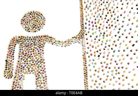 Foule de petites figures symboliques faisant grande forme personne retenant mur 3d illustration, horizontal, isolé, over white Banque D'Images