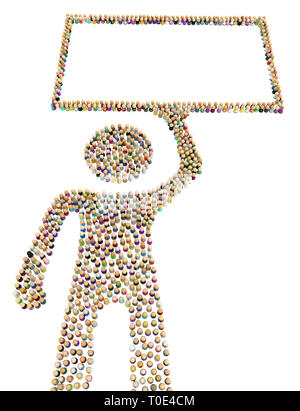 Foule de petites figures symboliques faisant grande forme personne tenue au-dessus du châssis, 3d illustration, horizontal, isolé, over white Banque D'Images