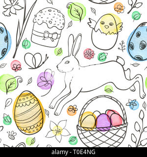 Hand drawn doodle motif transparent avec des oeufs de Pâques, le lapin et le poulet sur un fond blanc. Banque D'Images