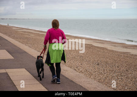 Woman jogging avec le chien en laisse, le long de la plage Banque D'Images