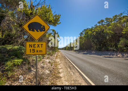 Panneau d'avertissement de passage à niveau sur la Tasmanie wombat road. Banque D'Images