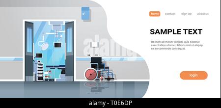 Couloir de l'hôpital en fauteuil roulant avec porte ouverte sur salle d'opération table d'opération de l'équipement moderne vide pas de gens de l'intérieur de la clinique plate horizontale exemplaire Illustration de Vecteur