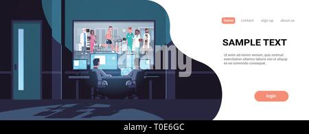 Deux hommes regardant derrière une vitre moniteurs patient contrôle groupe de médecins s'exécutant sur un tapis roulant bureau sombre science cardiologie surveillance d'intérieur Illustration de Vecteur