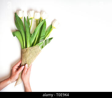 Bouquet de tulipes blanches dans une main féminine sur un fond blanc. Banque D'Images