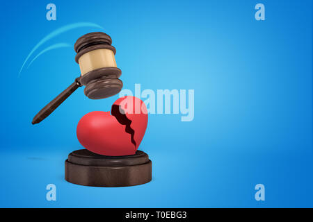 Le rendu 3D de brown wooden gavel briser coeur rose sur bloc de bois ronde en deux parties Banque D'Images