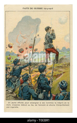 Historique carte postale française publicité chromolithographic : Un officier malgré le bombardement par l'ennemi allume une cigarette, pleine longueur permanent Banque D'Images